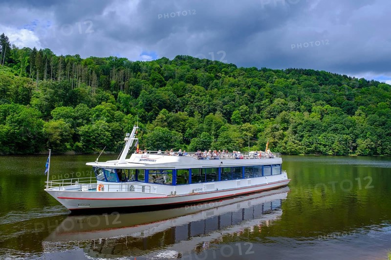 Excursion boat on the Rursee, Rursee boat trip, Rur dam, Rur reservoir, Einruhr, North Eifel, Eifel, North Rhine-Westphalia, Germany
