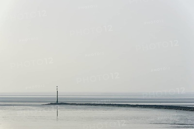 North Sea coast, cloudy winter day, Wadden Sea at low tide, stone groyne with sea mark, North Sea, Norddeich, Lower Saxony, Germany