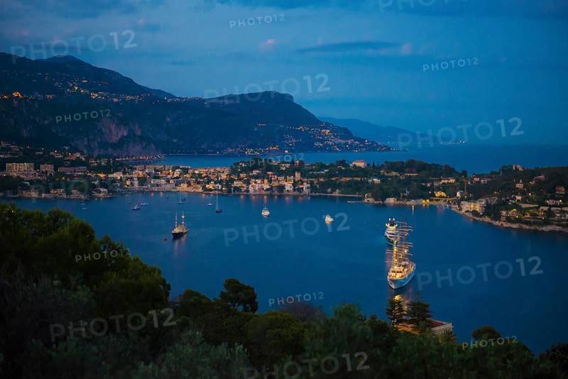 Panorama, blue hour, sunset, view from Mont Boron, Saint-Jean-Cap-Ferrat, Cap Ferrat, Alpes Maritimes, Provence Alpes Cote d'Azur, French Riviera, South of France, France