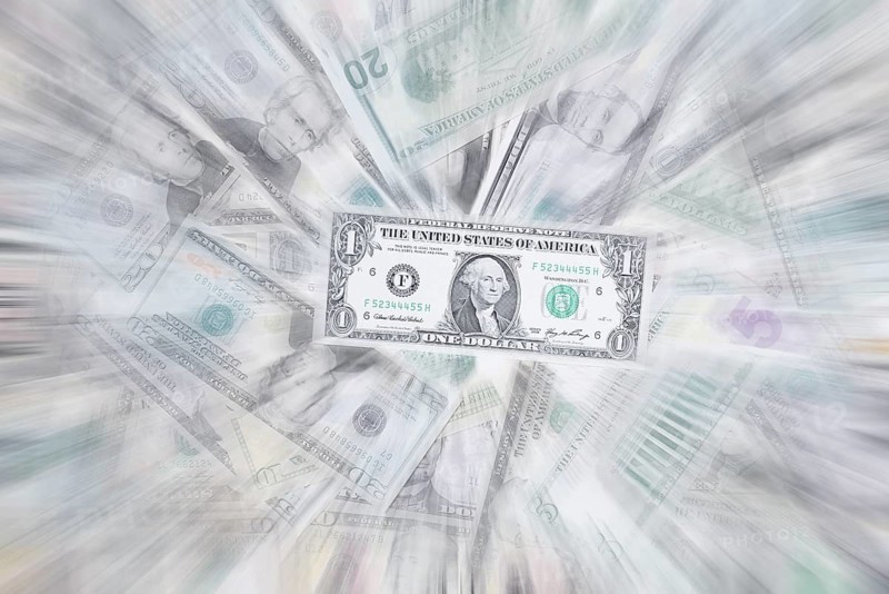 Various US dollar notes in a pile, banknotes, zoom effect