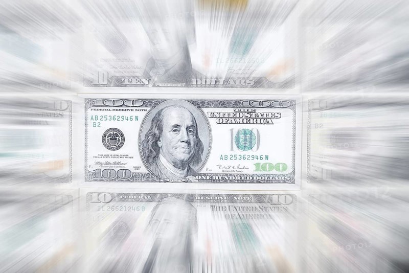 US dollar notes, 10 dollars, 100 dollars, banknotes, zoom effect