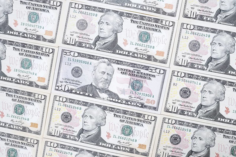 US dollar notes, 10 dollars, 50 dollars, banknotes