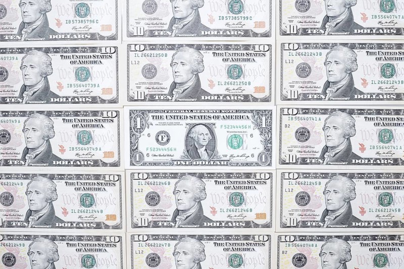US dollar notes, 10 dollars, 1 dollar, banknotes