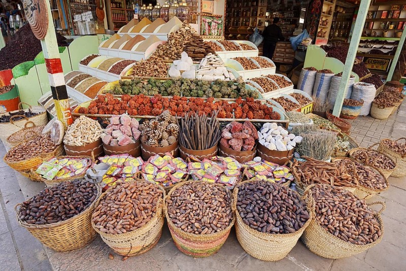 Shop with various spices in baskets, Aswan, Egypt
