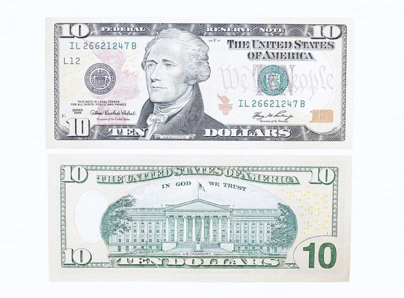 10 US dollar notes, 10 dollar banknotes on white background