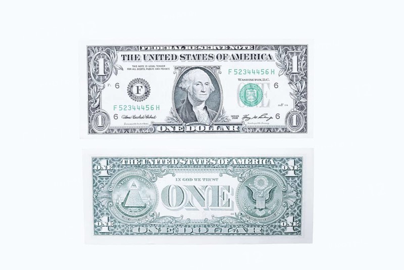 1 US dollar notes, 1 dollar banknotes on white background