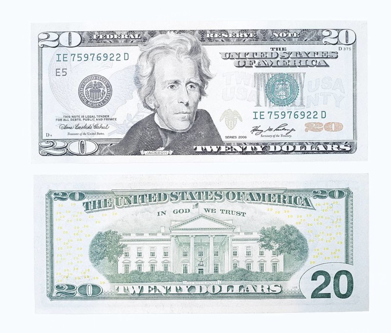 20 US dollar notes, 20 dollar banknotes on white background