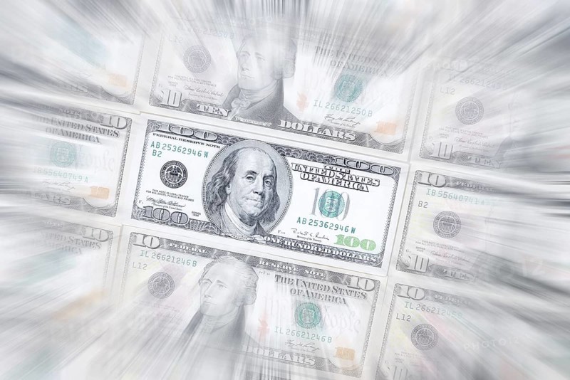 US dollar notes, 10 dollars, 100 dollars, banknotes, zoom effect