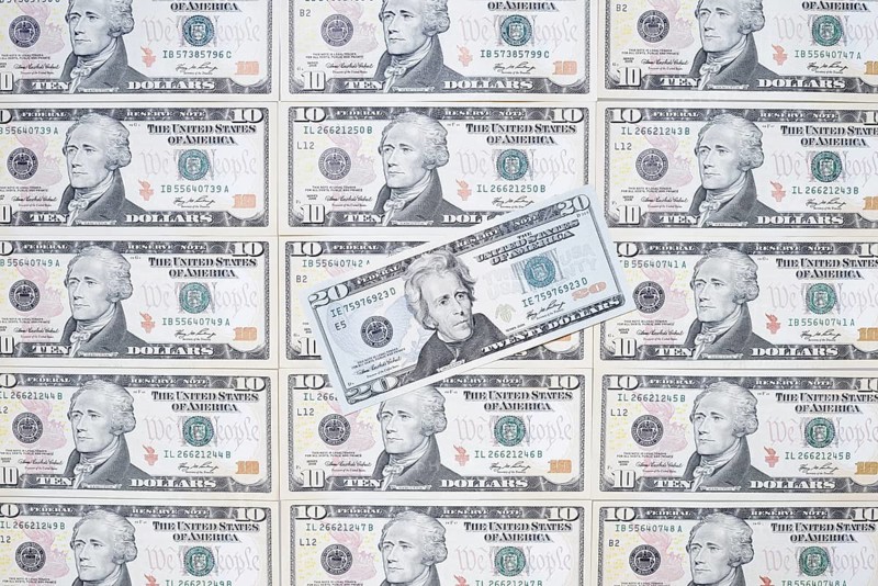 US dollar notes, 10 dollars, 20 dollars, banknotes