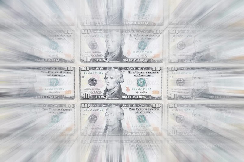10 US dollar notes, 10 dollar banknotes, zoom effect