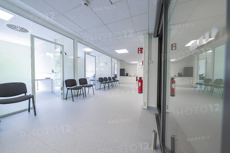 Corridor with several chairs for waiting room, modern design, Care Connect, vaccination kiosk for refugees, Calw, Germany