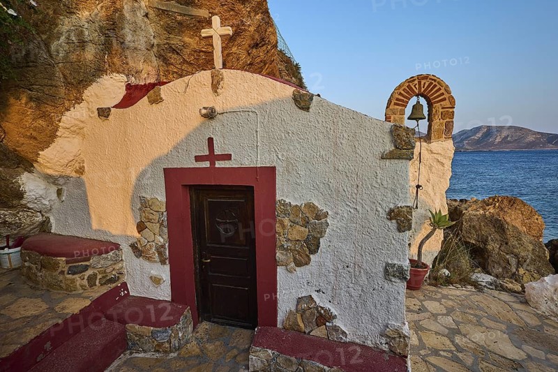 Legend, Crab, Mussel fisherman, Small coastal chapel with wooden facade facing the sea and embedded in rocks, Chapel, Little church, Monastery of Agia Kavouradena, Xirokambos, Leros, Dodecanese, Greek Islands, Greece