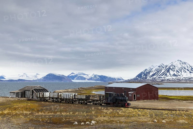 Historic steam locomotive, coal transport railway, mountain scenery, Ny-Alesund, Spitsbergen, Svalbard