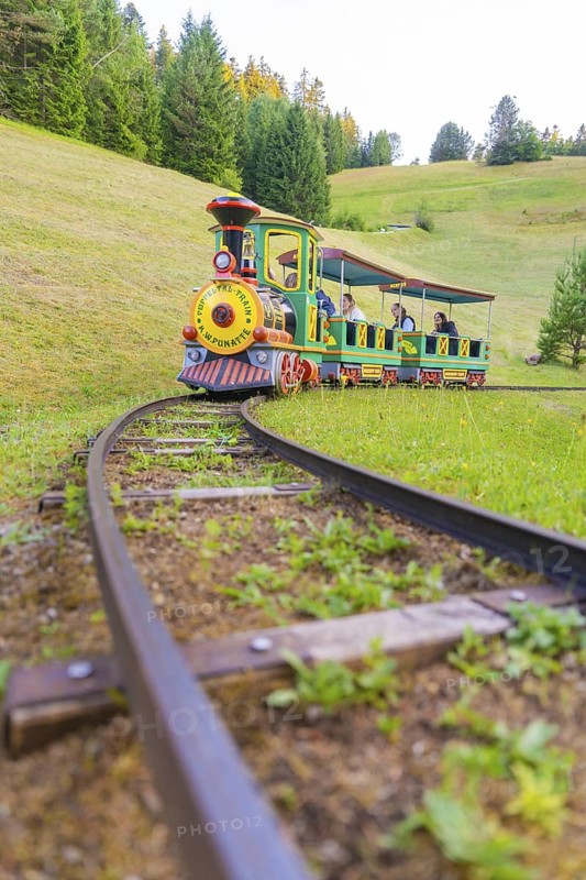 A colourful mini train moves through a green hilly landscape on narrow tracks, Retro Freizeitpark Poppeltal Riesenrutschbahn, Enzklösterle, Black Forest, Germany