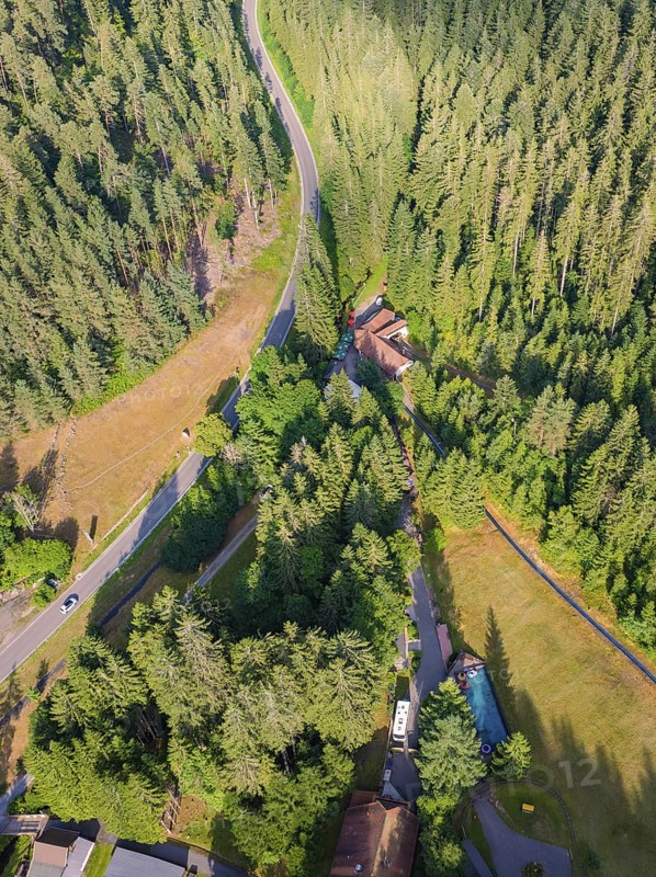 Aerial view of a winding road through a wooded area with neighbouring buildings, Retro Freizeitpark Poppeltal Riesenrutschbahn, Enzklösterle, Black Forest, Germany