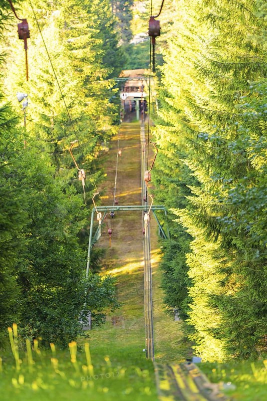 A ski lift running through a dense, green forest, surrounded by trees in the summer light, Retro Freizeitpark Poppeltal Riesenrutschbahn, Enzklösterle, Black Forest, Germany