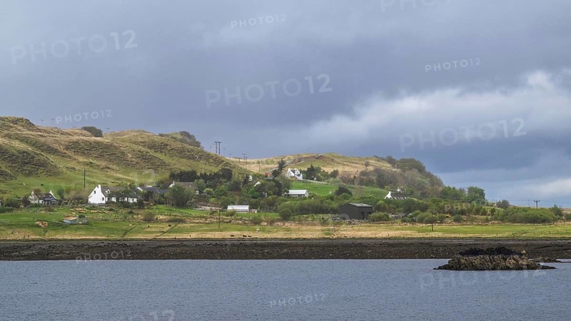 Farms over Loch Sligachan, Sligachan, Isle of Skye, Scotland, UK