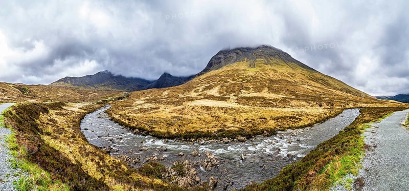 Panorama of Fairy Pools and Waterfalls, Glen Brittle, Black Cuillin, Isle of Skye, Scotland, UK