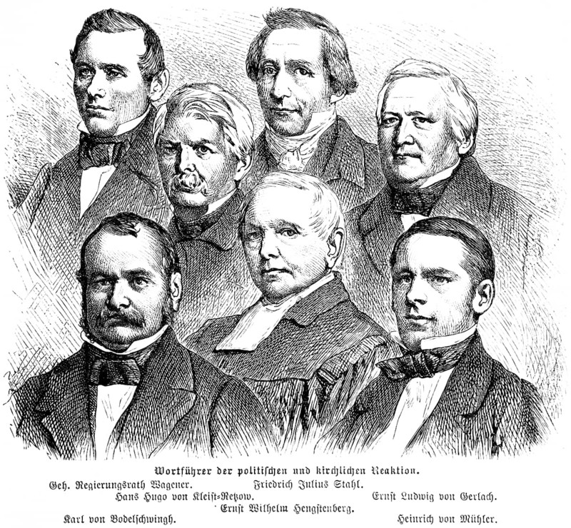 Leaders of the political and ecclesiastical reaction, Privy Councillor Wagener, Friedrich Julius Stahl, Hugo von Kleist-Retzow, Ernst Ludwig von Gerlach, Ernst Wilhelm Hengstenberg, von Bodelschwigh, H. von Mühler, portrait, Prussia, historical illustration 1896