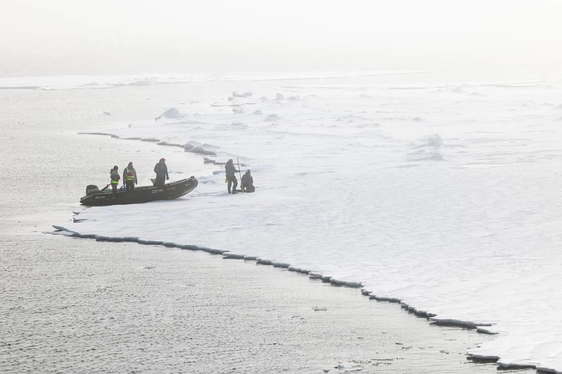 Zodiac with guides lands, Ice Edge, Sea, Spitsbergen, Svalbard