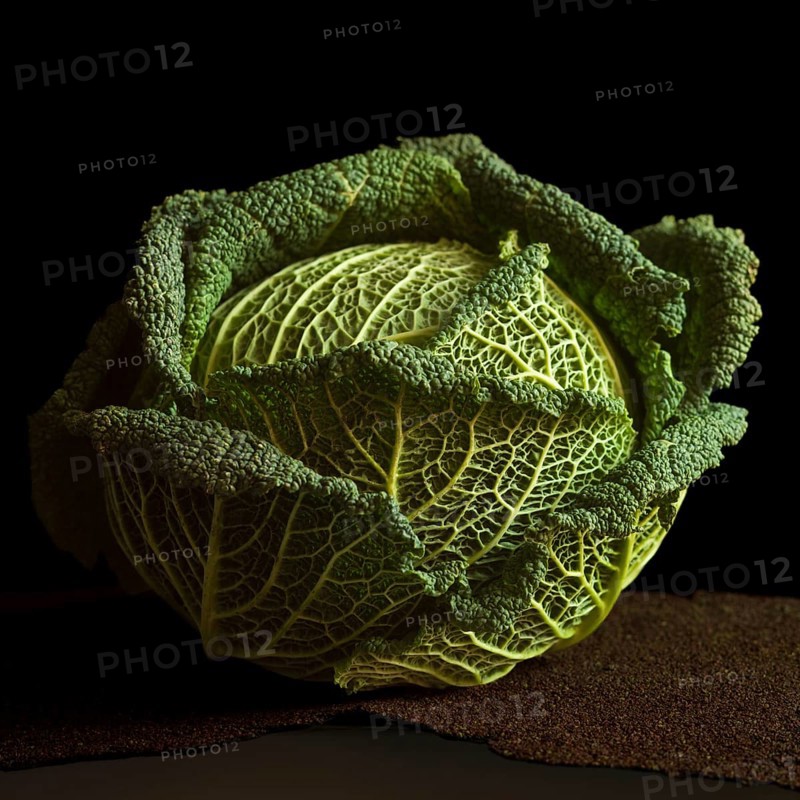 A fresh cabbage is presented on a dark surface, highlighting its layered leaves and intricate texture. Soft lighting enhances its vivid green color, creating an appealing focus on this vegetable