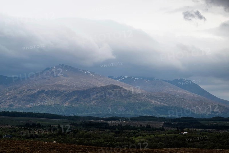 Nevis Range Mountains from Commando Memorial, Grampian Mountains, Fort William, Highland, Lochaber, Scotland, UK
