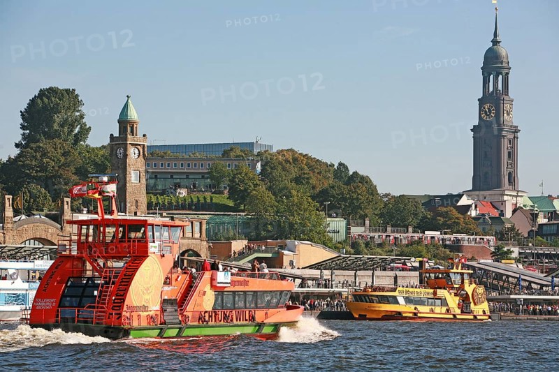 Landungsbrücken, Hamburg harbour, Hafen-City, St. Michaelis church in the background, Hamburg, Germany