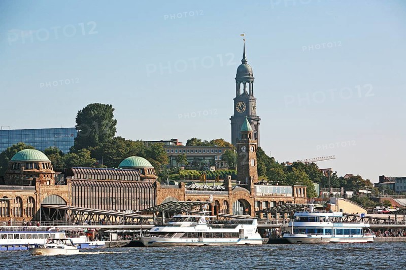 Hamburg harbour, Hafen-City, in the background St. Michael's Church, Hamburg, Germany