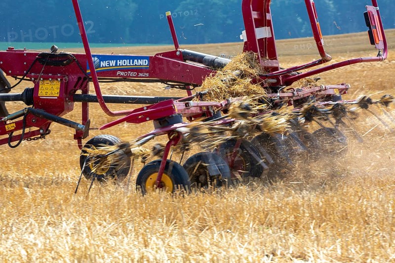 Hastings, Michigan - A farmer uses a New Holland ProTed 3625 tedder to aerate her crop. A tedder spreads out hay or straw to allow quicker drying before baling