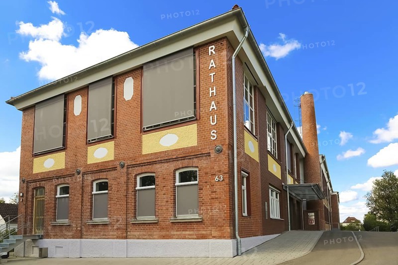 New town hall in the former Kindler corset factory, former Gotthold Kindler and Cie. corset factory, factory building, former textile industry, brick, building, lettering, fireplace, chimney, Gomaringen, district of Tübingen, Baden-Württemberg, Germany