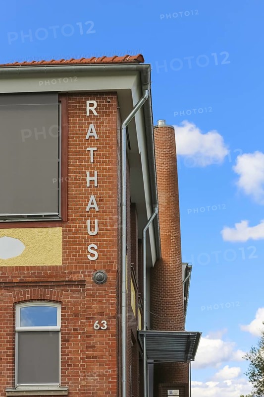 New town hall in the former Kindler corset factory, former Gotthold Kindler and Cie. corset factory, factory building, former textile industry, brick, building, lettering, fireplace, chimney, Gomaringen, district of Tübingen, Baden-Württemberg, Germany