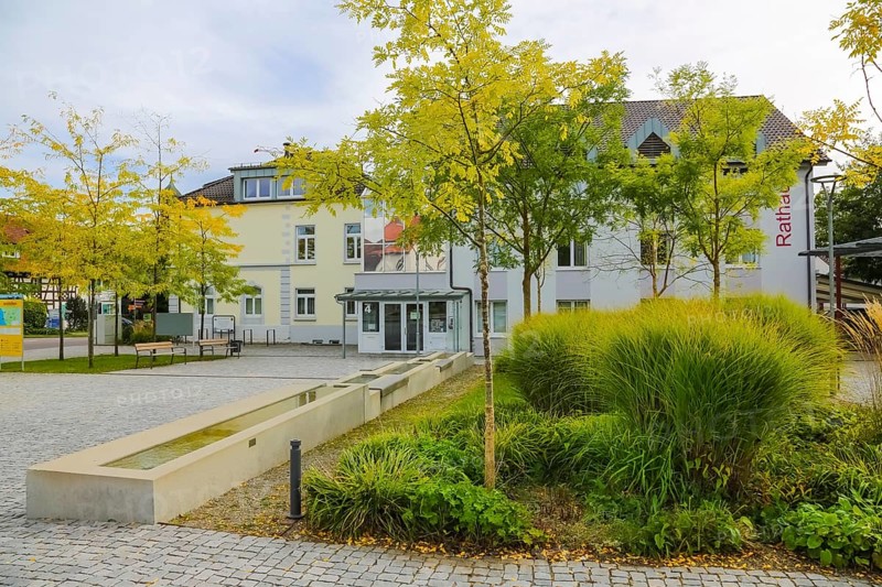 Town hall, paving stones, trees, houses, buildings, water features, water basin, Oberuhldingen district, Uhldingen-Mühlhofen municipality, Lake Constance district, Baden-Württemberg, Germany