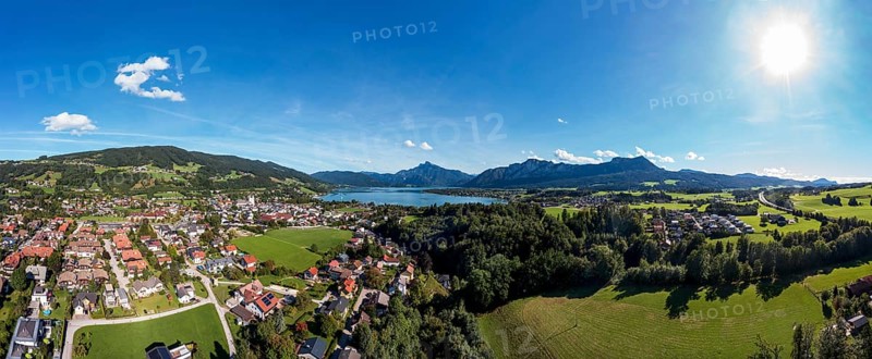 Drone shot, panorama, Mondsee, Salzkammergut, Upper Austria, Austria