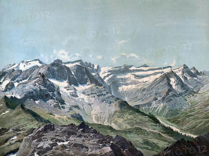 Monte Perdido, the Lost Mountain is the third highest mountain in the Pyrenees with a height of 3355 meters and the Cirque de Gavarnie, a rock basin in the Pyrenees National Park, Spain, authentic reproduction of a school mural, historic, around 1900