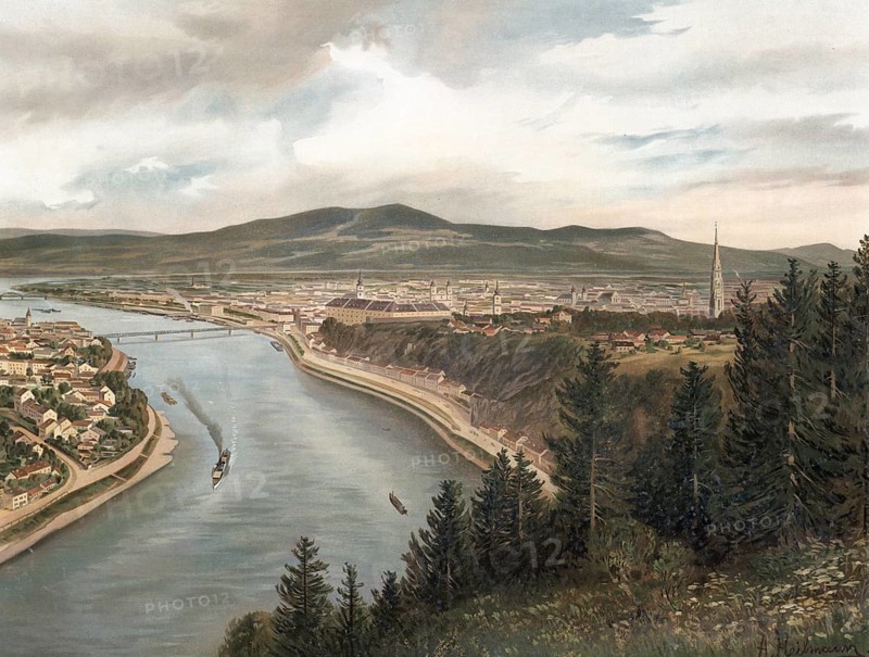 View of Linz and the Danube, Upper Austria, Austria, authentic reproduction of a school mural, historical, around 1900
