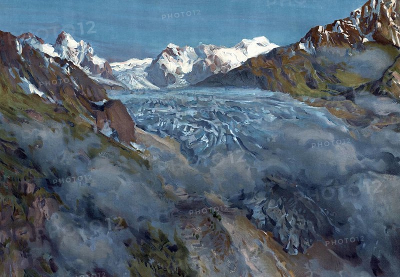 Lednik Karaugom, Karaugom Glacier, well-known, strongly retreating glacier in the Caucasus, Russia, authentic reproduction of a school mural, historic, around 1900