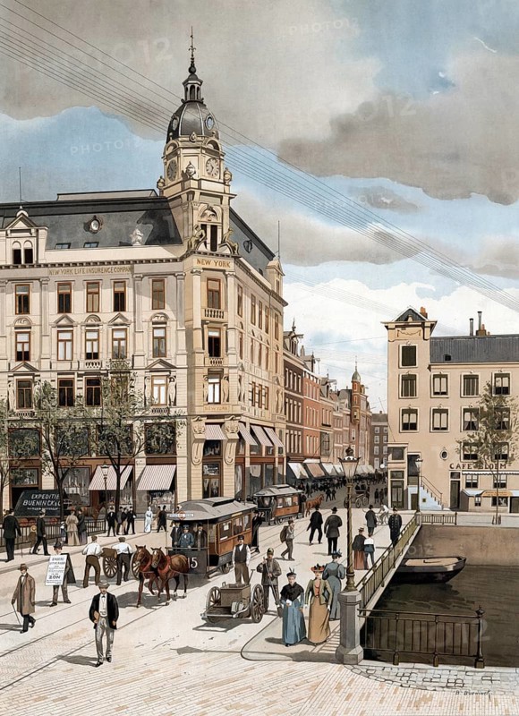 Leidsestraat, one of the main shopping streets in Amsterdam, Holland, Netherlands, authentic reproduction of a school mural, historic, around 1900