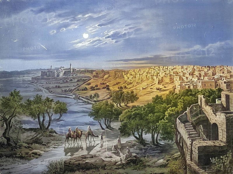 Night in Bethlehem, today Israel, authentic reproduction of a school mural, historical, around 1900