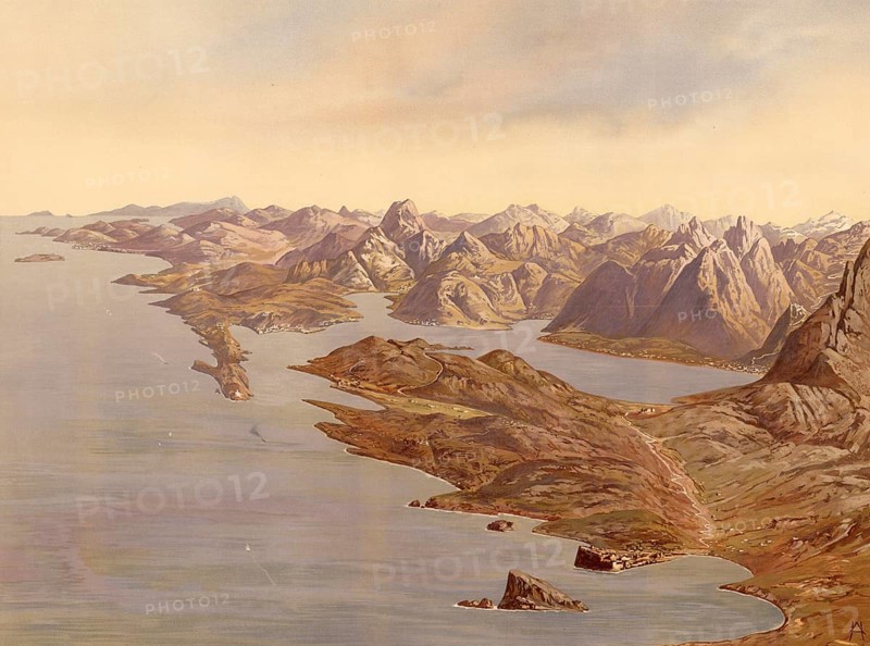 Bay of Kotor, 30 km long, heavily winding fjord-like bay on the southeastern Dalmatian-Montenegrin Adriatic coast, Croatia, authentic reproduction of a school mural, historical, around 1900