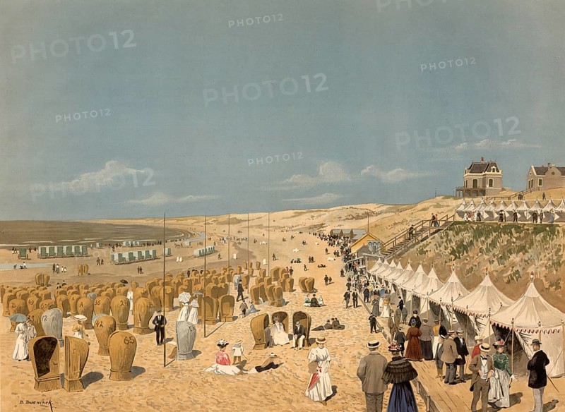 Beach scene, seaside resort Scheveningen, The Hague, Netherlands, Holland, authentic reproduction of a school mural, historic, around 1900