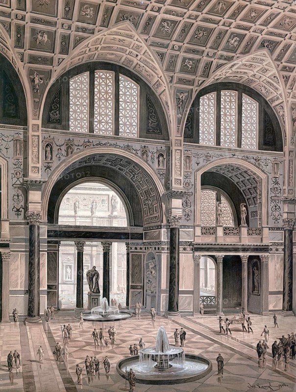 Caracalla Baths, Thermae Antoninianae, ancient bathing facilities in Rome, Italy, authentic reproduction of a school mural, historic, around 1900