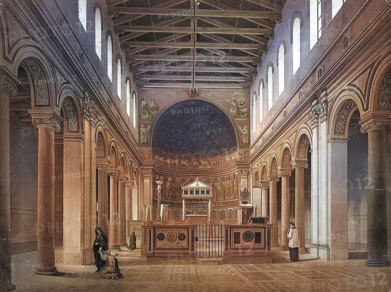 San Clemente, complete Basilica San Clemente al Laterano, Basilica Sancti Clementis in Laterano, church in Rome in the rank of minor basilica, Rome, Italy, authentic reproduction of a school mural, historic, around 1900