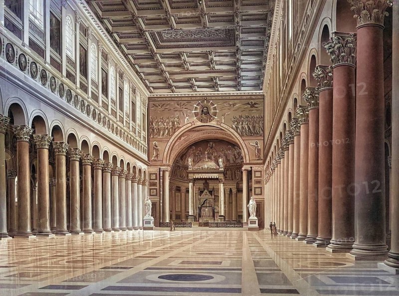 Saint Paul Outside the Walls, San Paolo fuori le mura, one of the papal basilicas of Rome. It is located between today's Via Ostiense and the Tiber, Rome, Italy, authentic reproduction of a school mural, historic, around 1900