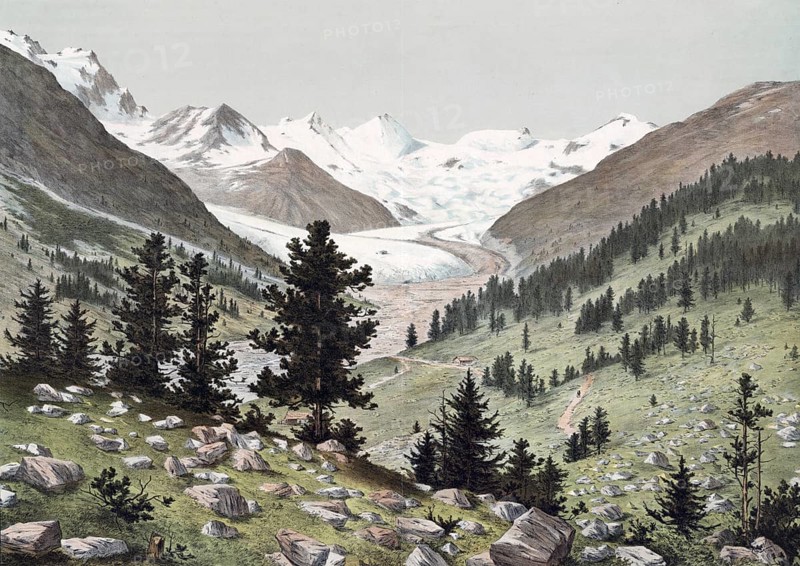 Bernina group, type of the Central Alps, a mountain group in the central Eastern Alps, Engadin, Grisons, Switzerland, authentic reproduction of a school wall painting, historical, around 1900
