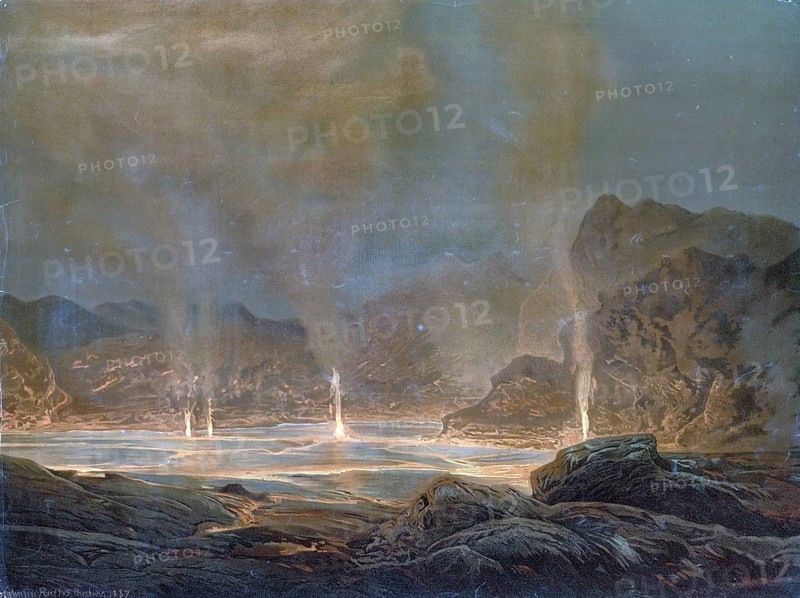 Lava lake, HalemaÊ»umaÊ»u is a shaft crater in the bottom of the caldera of the KÄ«lauea volcano in Hawaii Volcanoes National Park on the largest Hawaiian island Big Island, America, authentic reproduction of a school mural, historic, around 1900