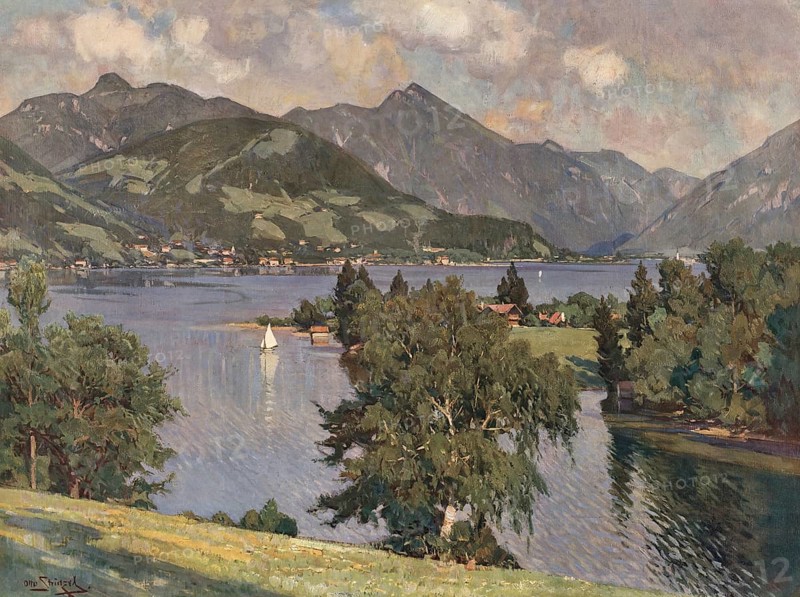 Tegernsee is located around 50 km south of Munich in the Bavarian Alps, Upper Bavaria, Germany, authentic reproduction of a school mural, historic, around 1900