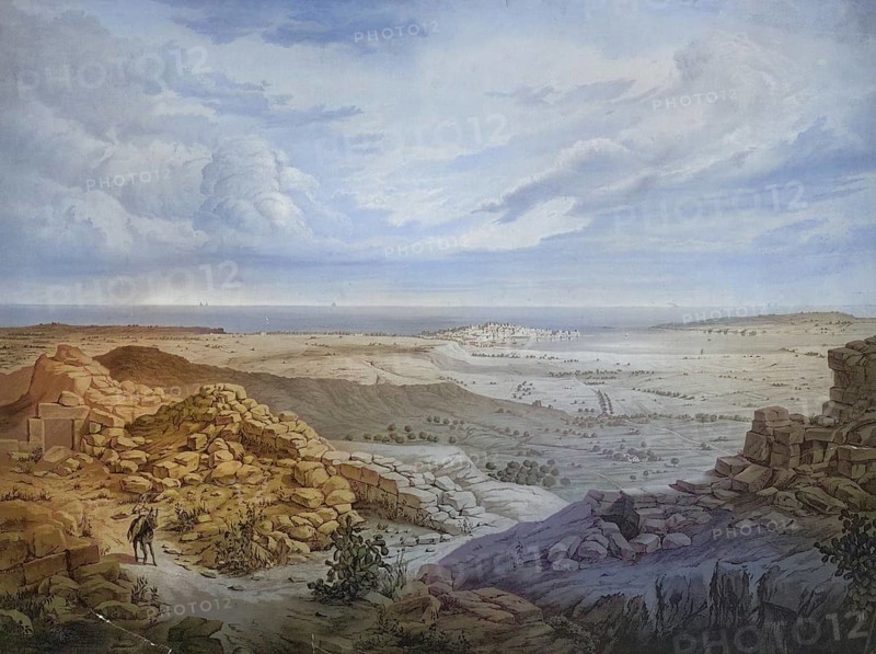Landscape near Syracuse, city on the coast of the Ionian Sea in Sicily, Italy, authentic reproduction of a school mural, historic, around 1900