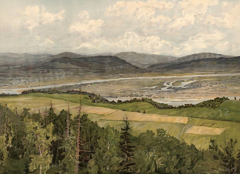 Mountain landscape, Transbaikal, Transbaikalia region, a Russian Federation subject in the Far East Federal District, covers part of the region known as Transbaikalia or Dauria east of Lake Baikal, authentic reproduction of a school mural, historical, around 1900