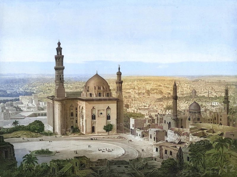 Sultan Hasan's mosque in Cairo was the largest mosque in the world in its time. It was built between 1356 and 1363, Egypt, authentic reproduction of a school mural, historic, around 1900
