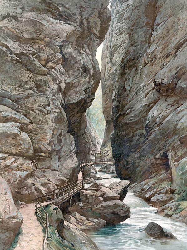The Liechtenstein Gorge is a gorge, a few kilometers south of St. Johann im Pongau, the province of Salzburg, Austria, authentic reproduction of a school wall painting, historic, around 1900